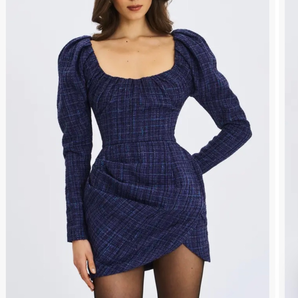 Miss Circle Tweed Rouched Puff Sleeve Dress